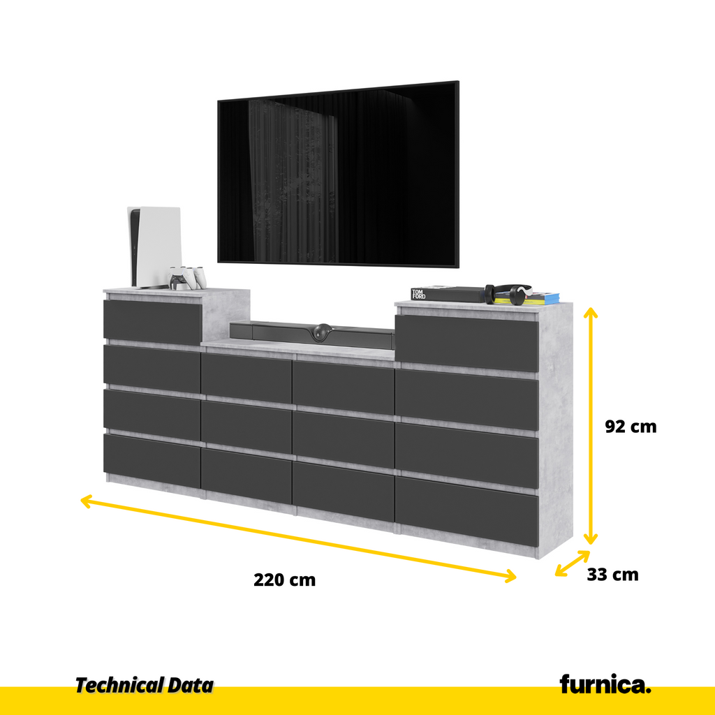 GABRIEL - Chest of 14 Drawers (4+6+4) - Bedroom Dresser Storage Cabinet Sideboard - Concrete / Anthracite H92cm W220cm D33cm