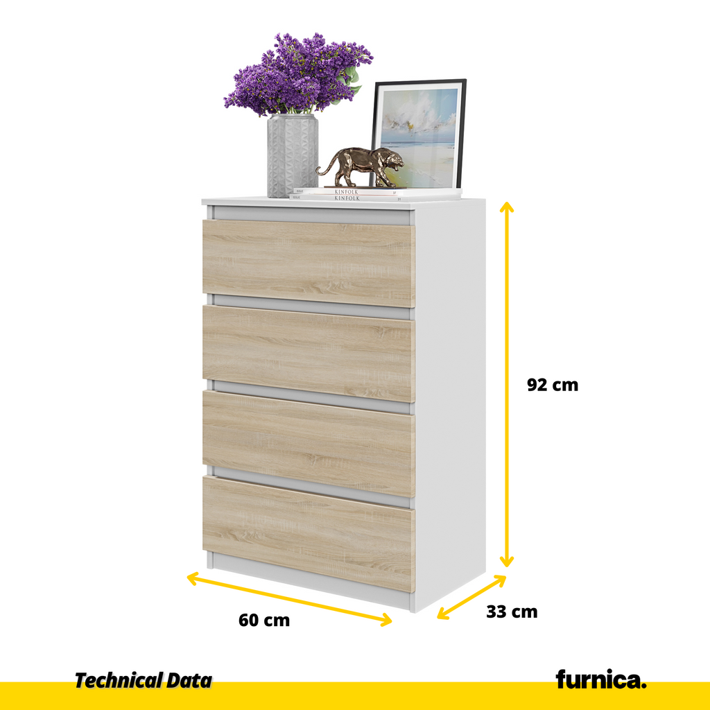GABRIEL - Chest of 4 Drawers - Bedroom Dresser Storage Cabinet Sideboard - White Matt / Sonoma Oak H92cm W60cm D33cm