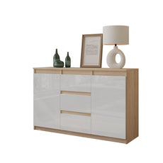 MIKEL - Chest of 3 Drawers and 2 Doors - Bedroom Dresser Storage Cabinet Sideboard - Sonoma Oak / White Gloss H75cm W120cm D35cm
