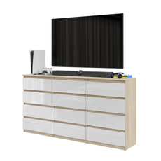 GABRIEL - Chest of 12 Drawers (8+4) - Bedroom Dresser Storage Cabinet Sideboard - Sonoma Oak / White Gloss H92cm W180cm D33cm