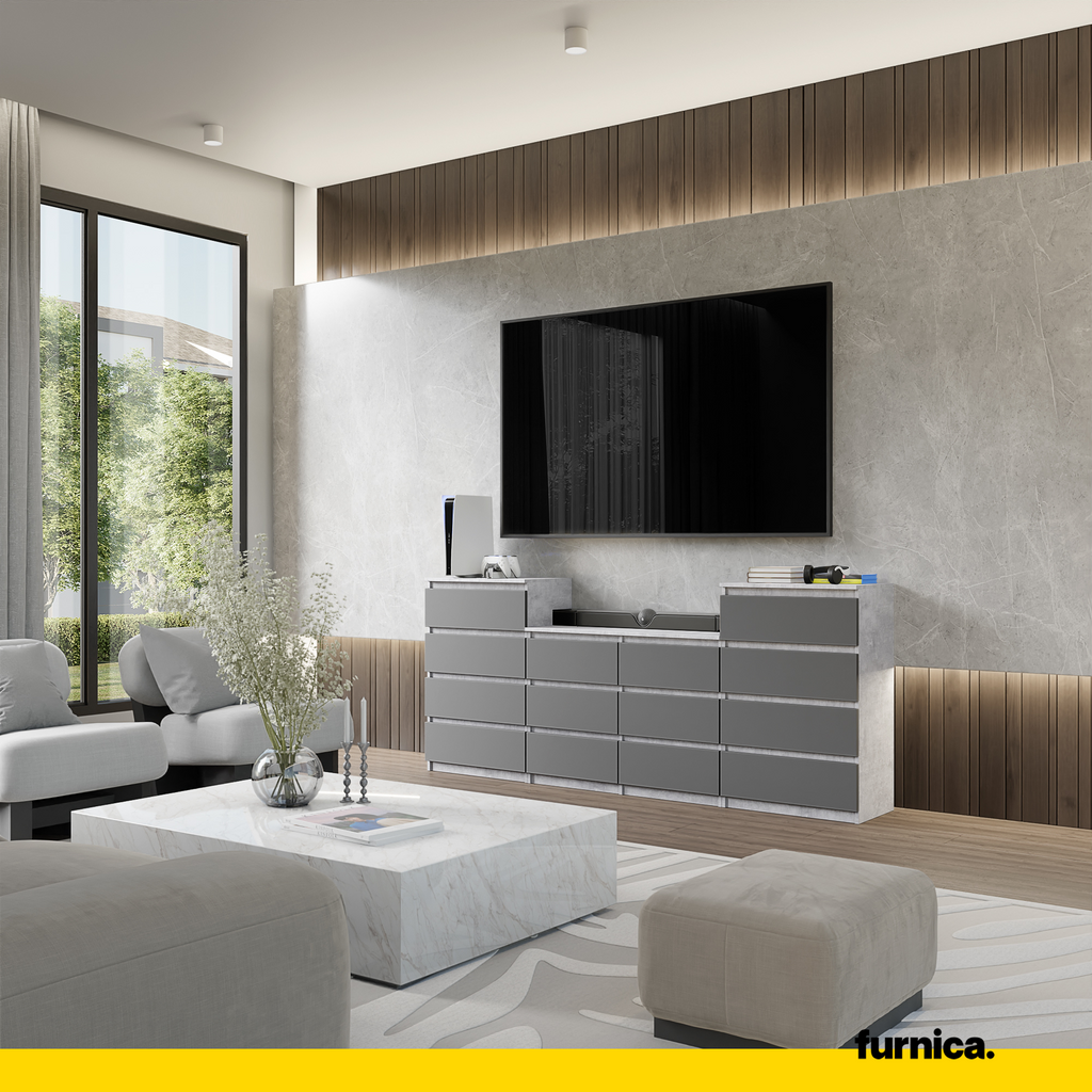 GABRIEL - Chest of 14 Drawers (4+6+4) - Bedroom Dresser Storage Cabinet Sideboard - Concrete / Anthracite H92cm W220cm D33cm