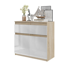 NOAH - Chest of 2 Drawers and 2 Doors - Bedroom Dresser Storage Cabinet Sideboard - Sonoma Oak / White Gloss H75cm W80cm D35cm