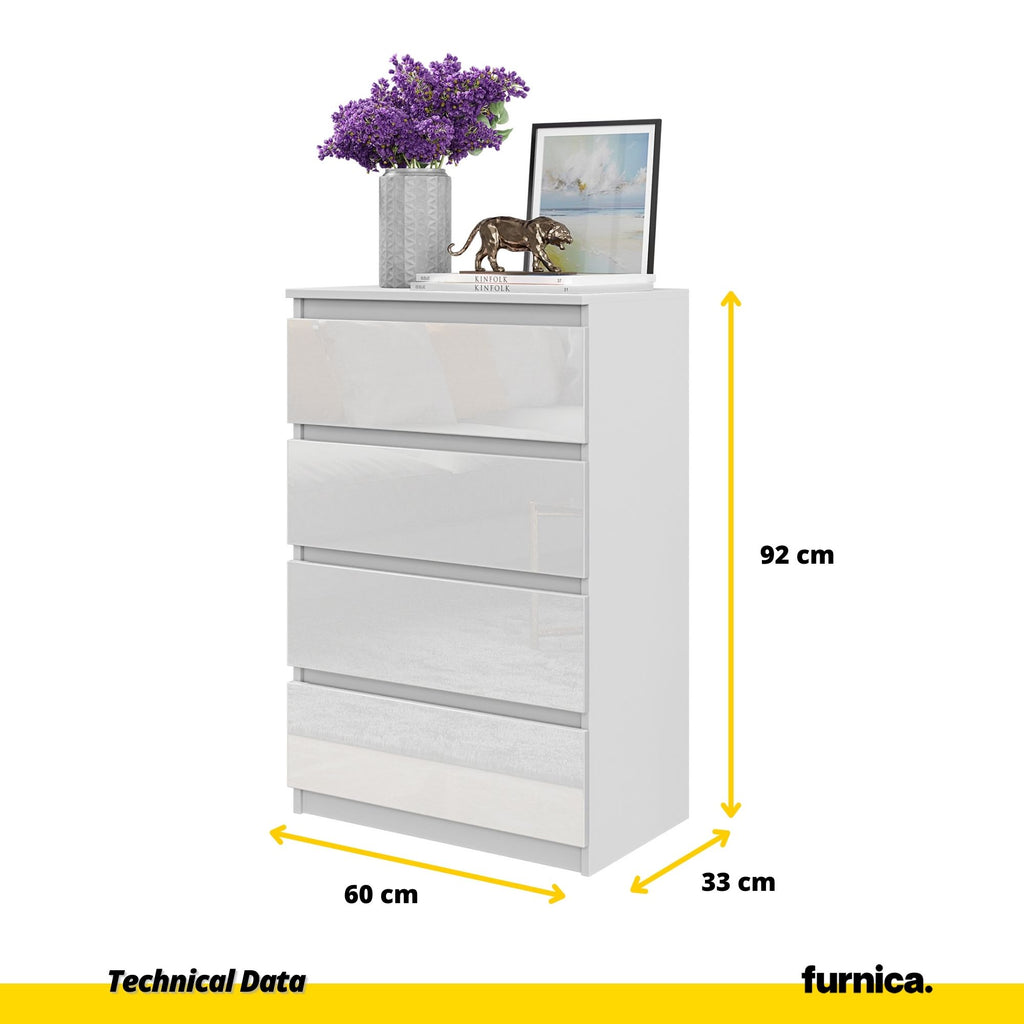 GABRIEL - Chest of 4 Drawers - Bedroom Dresser Storage Cabinet Sideboard - White Matt / White Gloss H92cm W60cm D33cm