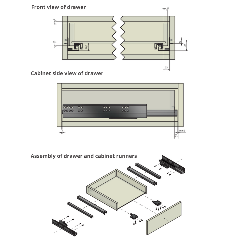 Push-to-Open Concealed Undermount Drawer Runners, Full Extension - 250mm