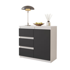 MIKEL - Chest of 3 Drawers and 1 Door - Bedroom Dresser Storage Cabinet Sideboard - White Matt / Anthracite H75cm W80cm D35cm