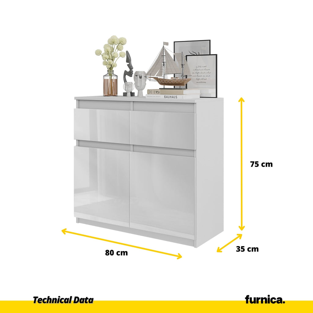 NOAH - Chest of 2 Drawers and 2 Doors - Bedroom Dresser Storage Cabinet Sideboard - White Matt / White Gloss H75cm W80cm D35cm