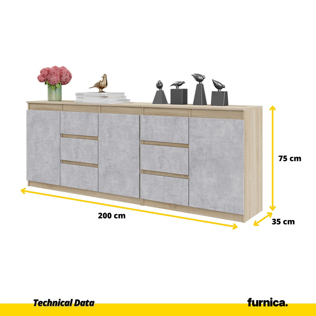 MIKEL - Chest of 6 Drawers and 3 Doors - Bedroom Dresser Storage Cabinet Sideboard - Sonoma Oak / Concrete  H75cm W200cm D35cm