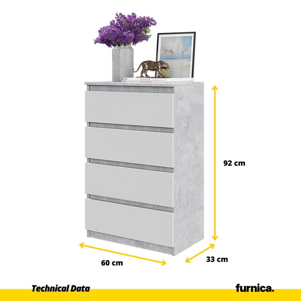 GABRIEL - Chest of 4 Drawers - Bedroom Dresser Storage Cabinet Sideboard - Concrete / White Matt H92cm W60cm D33cm