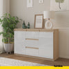 MIKEL - Chest of 3 Drawers and 2 Doors - Bedroom Dresser Storage Cabinet Sideboard - Sonoma Oak / White Gloss H75cm W120cm D35cm