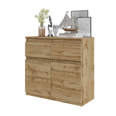 NOAH - Chest of 2 Drawers and 2 Doors - Bedroom Dresser Storage Cabinet Sideboard -  Wotan Oak H75cm W80cm D35cm