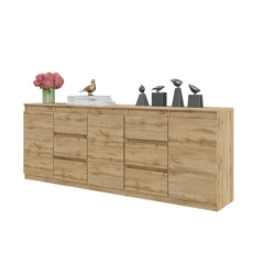 MIKEL - Chest of 6 Drawers and 3 Doors - Bedroom Dresser Storage Cabinet Sideboard - Wotan Oak  H75cm W200cm D35cm