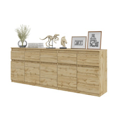 NOAH - Chest of 5 Drawers and 5 Doors - Bedroom Dresser Storage Cabinet Sideboard - Wotan Oak  H75cm W200cm D35cm