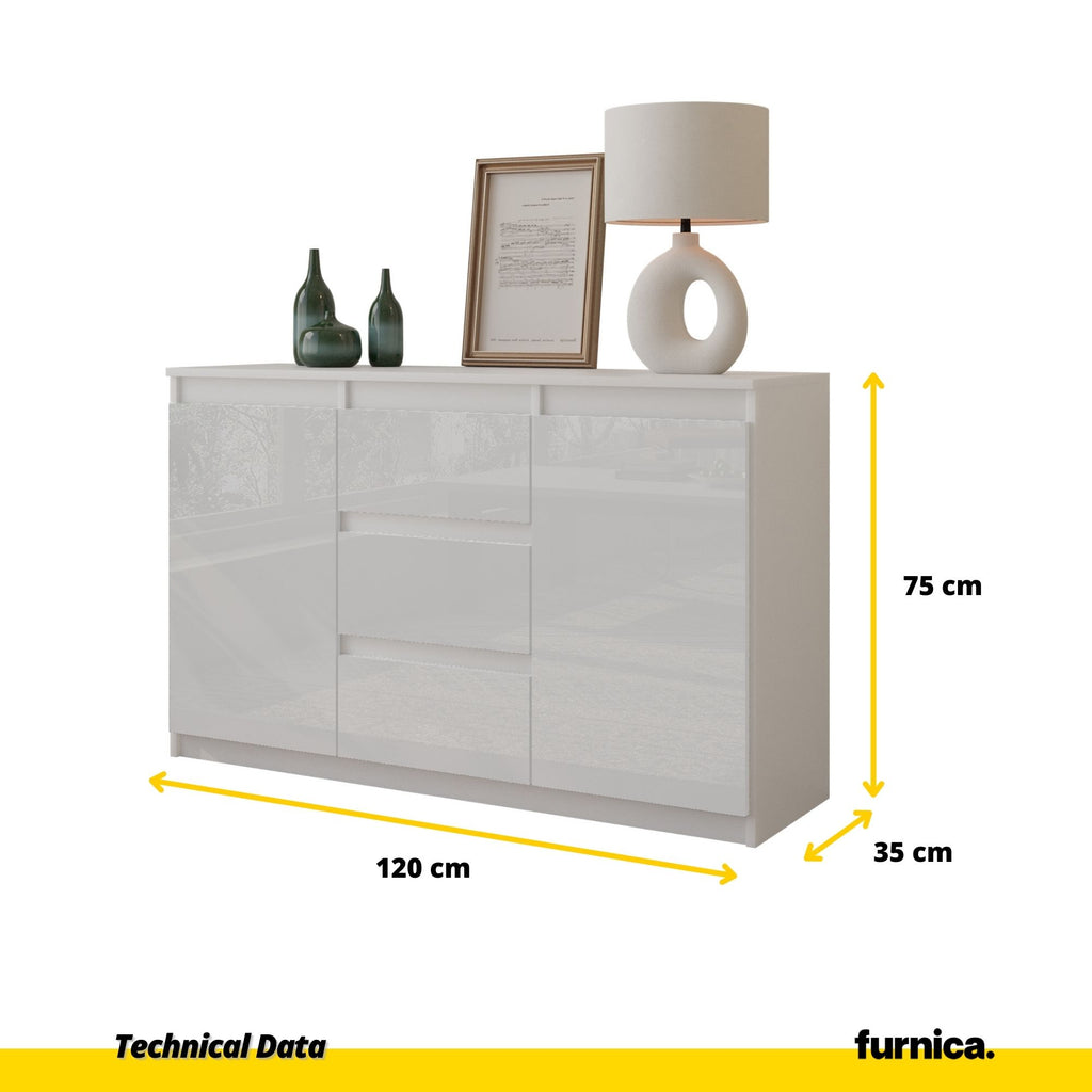 MIKEL - Chest of 3 Drawers and 2 Doors - Bedroom Dresser Storage Cabinet Sideboard - White Matt / White Gloss H75cm W120cm D35cm