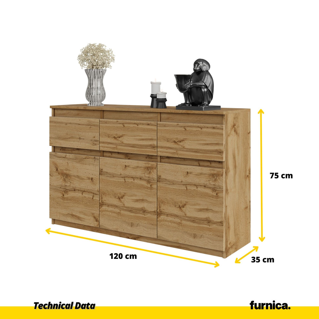 NOAH - Chest of 3 Drawers and 3 Doors - Bedroom Dresser Storage Cabinet Sideboard - Wotan Oak H75cm W120cm D35cm