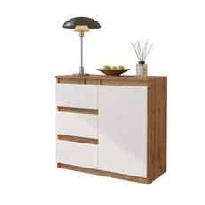 MIKEL - Chest of 3 Drawers and 1 Door - Bedroom Dresser Storage Cabinet Sideboard - Wotan Oak / White Matt H75cm W80cm D35cm