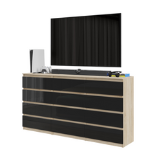GABRIEL - Chest of 12 Drawers (8+4) - Bedroom Dresser Storage Cabinet Sideboard - Sonoma Oak / Black Gloss H92cm W180cm D33cm