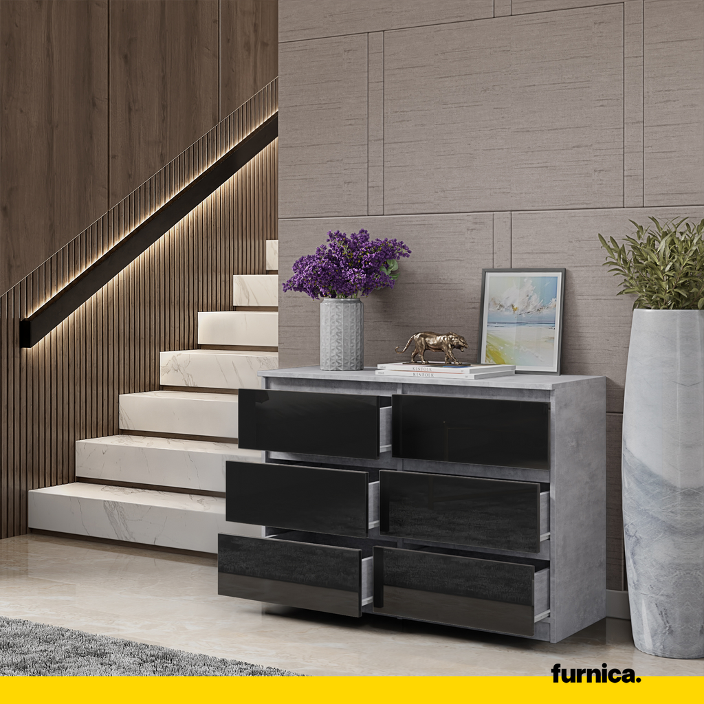 GABRIEL - Chest of 6 Drawers - Bedroom Dresser Storage Cabinet Sideboard - Concrete / Black Gloss H71cm W100cm D33cm