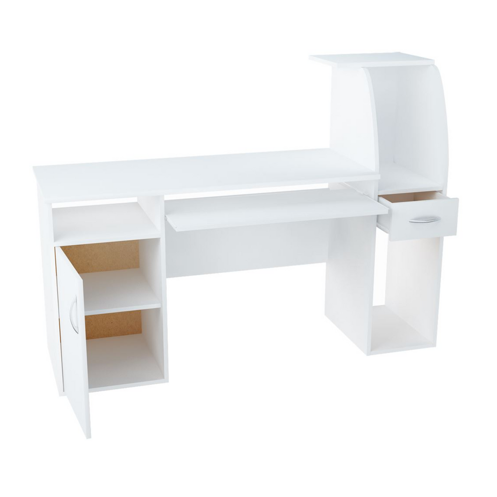 ROBIN - Computer Desk with 1 Drawer and 1 Door and Keyboard Tray - White Matt H112cm W150cm D50cm