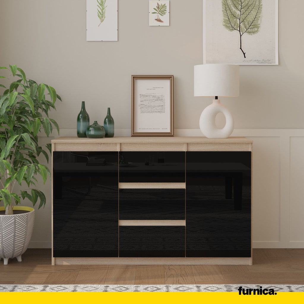 MIKEL - Chest of 3 Drawers and 2 Doors - Bedroom Dresser Storage Cabinet Sideboard - Sonoma Oak / Black Gloss H75cm W120cm D35cm
