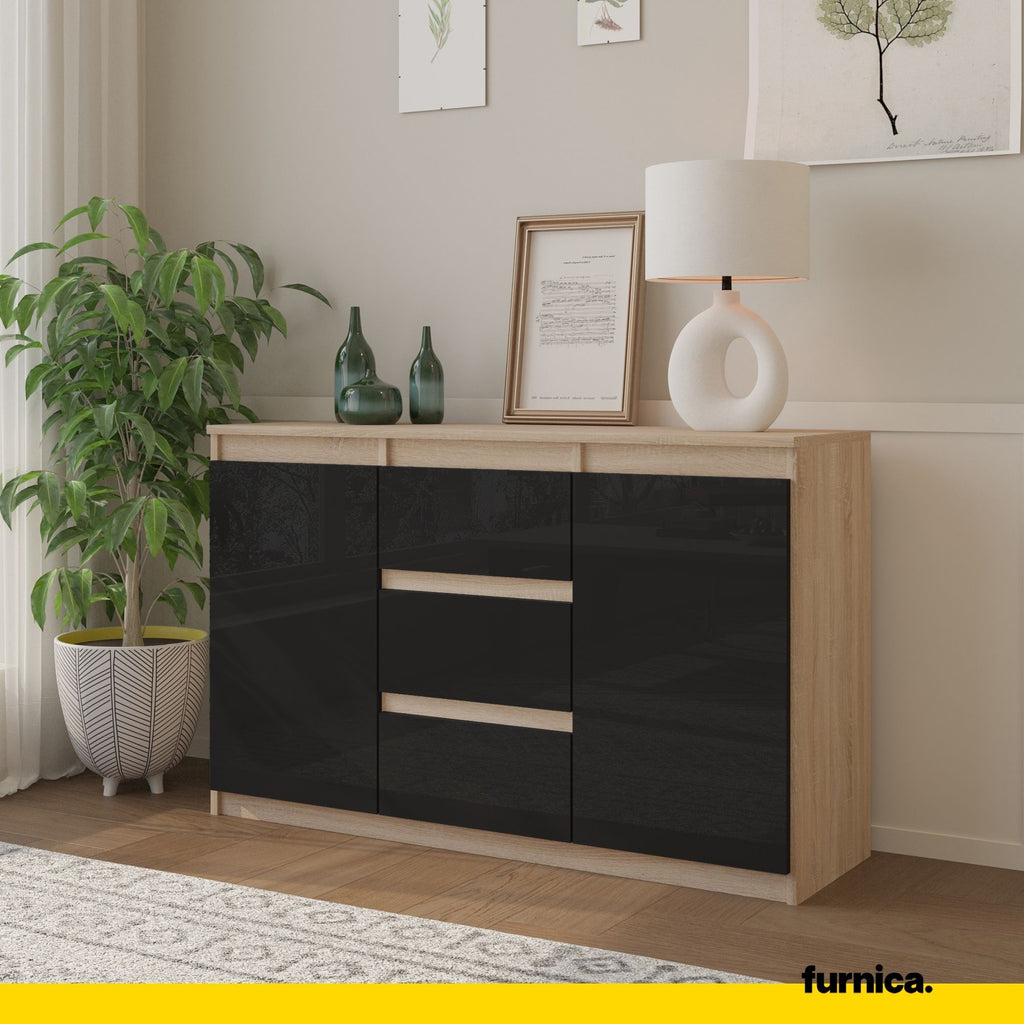 MIKEL - Chest of 3 Drawers and 2 Doors - Bedroom Dresser Storage Cabinet Sideboard - Sonoma Oak / Black Gloss H75cm W120cm D35cm