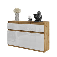 NOAH - Chest of 3 Drawers and 3 Doors - Bedroom Dresser Storage Cabinet Sideboard - Wotan Oak / White Gloss H75cm W120cm D35cm