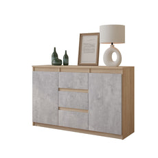 MIKEL - Chest of 3 Drawers and 2 Doors - Bedroom Dresser Storage Cabinet Sideboard - Sonoma Oak / Concrete H75cm W120cm D35cm