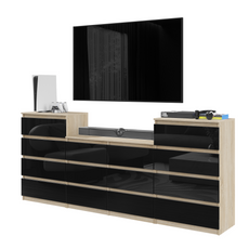 GABRIEL - Chest of 14 Drawers (4+6+4) - Bedroom Dresser Storage Cabinet Sideboard - Sonoma Oak / Black Gloss H92cm W220cm D33cm