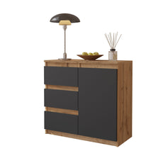 MIKEL - Chest of 3 Drawers and 1 Door - Bedroom Dresser Storage Cabinet Sideboard - Wotan Oak / Anthracite H75cm W80cm D35cm