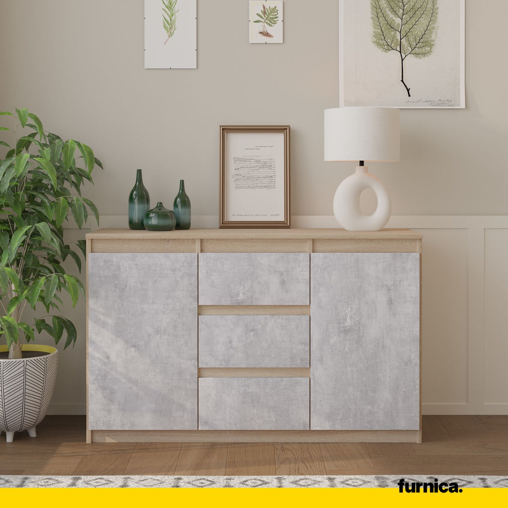 MIKEL - Chest of 3 Drawers and 2 Doors - Bedroom Dresser Storage Cabinet Sideboard - Sonoma Oak / Concrete H75cm W120cm D35cm