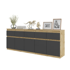 NOAH - Chest of 5 Drawers and 5 Doors - Bedroom Dresser Storage Cabinet Sideboard - Wotan Oak / Anthracite  H75cm W200cm D35cm