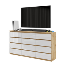 GABRIEL - Chest of 12 Drawers (8+4) - Bedroom Dresser Storage Cabinet Sideboard - Wotan Oak / White Gloss H92cm W180cm D33cm