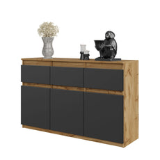 NOAH - Chest of 3 Drawers and 3 Doors - Bedroom Dresser Storage Cabinet Sideboard - Wotan Oak / Anthracite H75cm W120cm D35cm