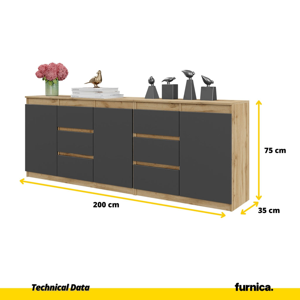 MIKEL - Chest of 6 Drawers and 3 Doors - Bedroom Dresser Storage Cabinet Sideboard - Wotan Oak / Anthracite  H75cm W200cm D35cm