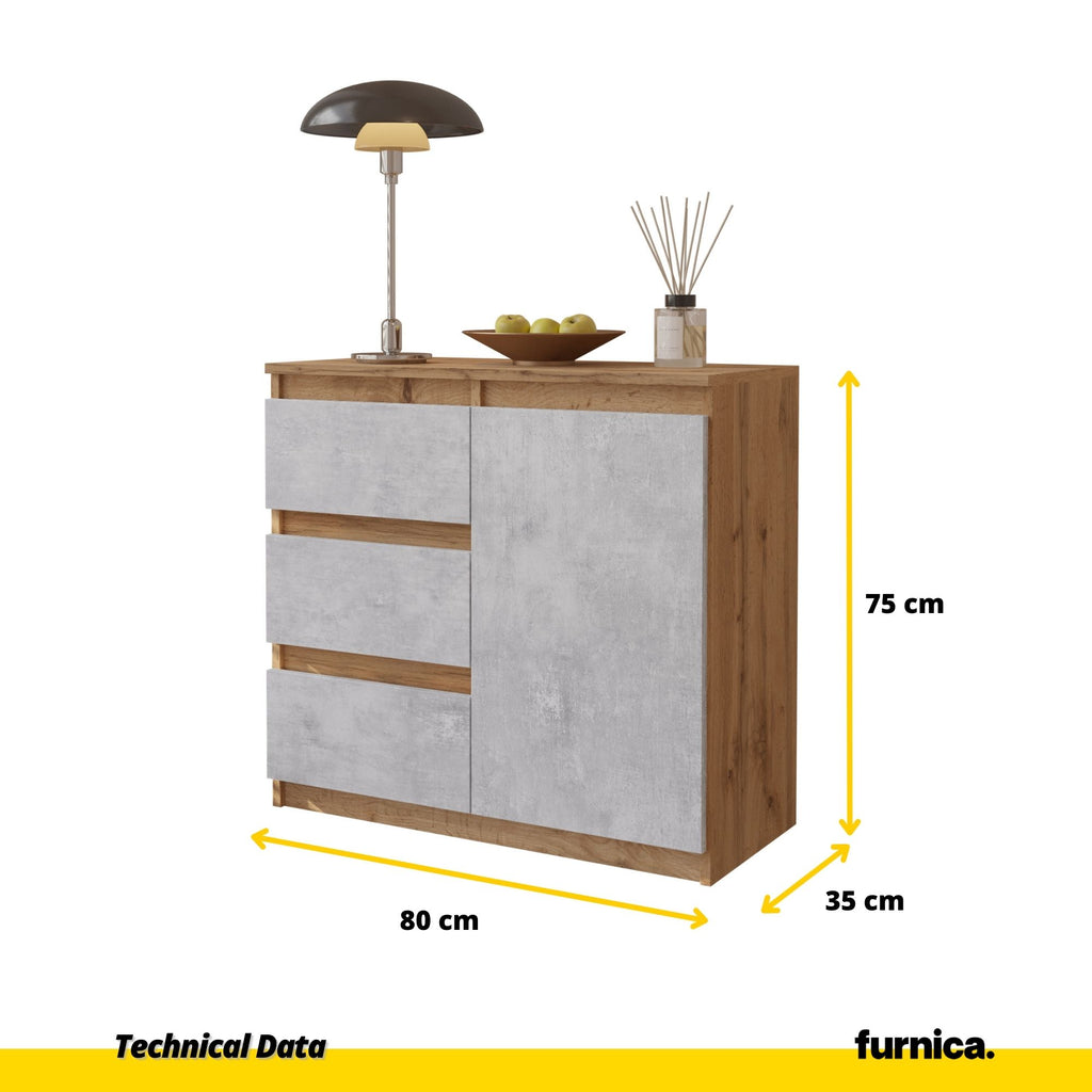 MIKEL - Chest of 3 Drawers and 1 Door - Bedroom Dresser Storage Cabinet Sideboard - Wotan Oak / Concrete H75cm W80cm D35cm