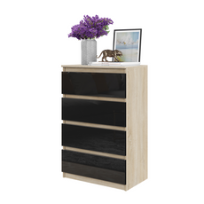 GABRIEL - Chest of 4 Drawers - Bedroom Dresser Storage Cabinet Sideboard - Sonoma Oak / Black Gloss H92cm W60cm D33cm