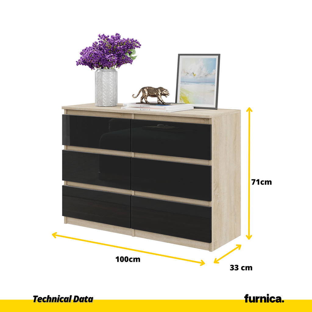 GABRIEL - Chest of 6 Drawers - Bedroom Dresser Storage Cabinet Sideboard - Sonoma Oak / Black Gloss H71cm W100cm D33cm