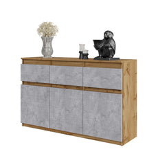 NOAH - Chest of 3 Drawers and 3 Doors - Bedroom Dresser Storage Cabinet Sideboard - Wotan Oak / Concrete H75cm W120cm D35cm