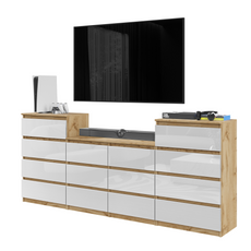 GABRIEL - Chest of 14 Drawers (4+6+4) - Bedroom Dresser Storage Cabinet Sideboard - Wotan Oak / White Gloss H92cm W220cm D33cm
