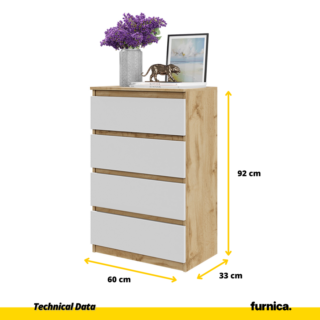 GABRIEL - Chest of 4 Drawers - Bedroom Dresser Storage Cabinet Sideboard - Wotan Oak / White Matt H92cm W60cm D33cm