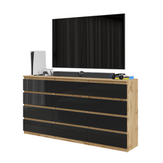 GABRIEL - Chest of 12 Drawers (8+4) - Bedroom Dresser Storage Cabinet Sideboard - Wotan Oak / Black Gloss H92cm W180cm D33cm