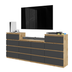 GABRIEL - Chest of 14 Drawers (4+6+4) - Bedroom Dresser Storage Cabinet Sideboard - Wotan Oak / Anthracite H92cm W220cm D33cm