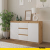 MIKEL - Chest of 3 Drawers and 2 Doors - Bedroom Dresser Storage Cabinet Sideboard - Wotan Oak / White Matt H75cm W120cm D35cm