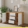 MIKEL - Chest of 3 Drawers and 2 Doors - Bedroom Dresser Storage Cabinet Sideboard - Wotan Oak / White Matt H75cm W120cm D35cm