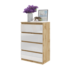 GABRIEL - Chest of 4 Drawers - Bedroom Dresser Storage Cabinet Sideboard - Wotan Oak / White Gloss H92cm W60cm D33cm