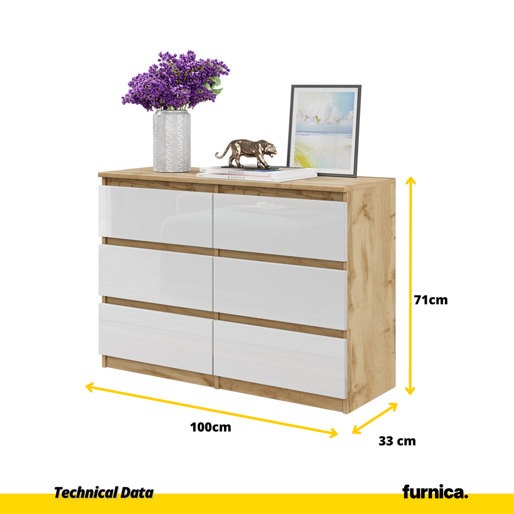 GABRIEL - Chest of 6 Drawers - Bedroom Dresser Storage Cabinet Sideboard - Wotan Oak / White Gloss H71cm W100cm D33cm