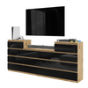 GABRIEL - Chest of 14 Drawers (4+6+4) - Bedroom Dresser Storage Cabinet Sideboard - Wotan Oak / Black Gloss H92cm W220cm D33cm