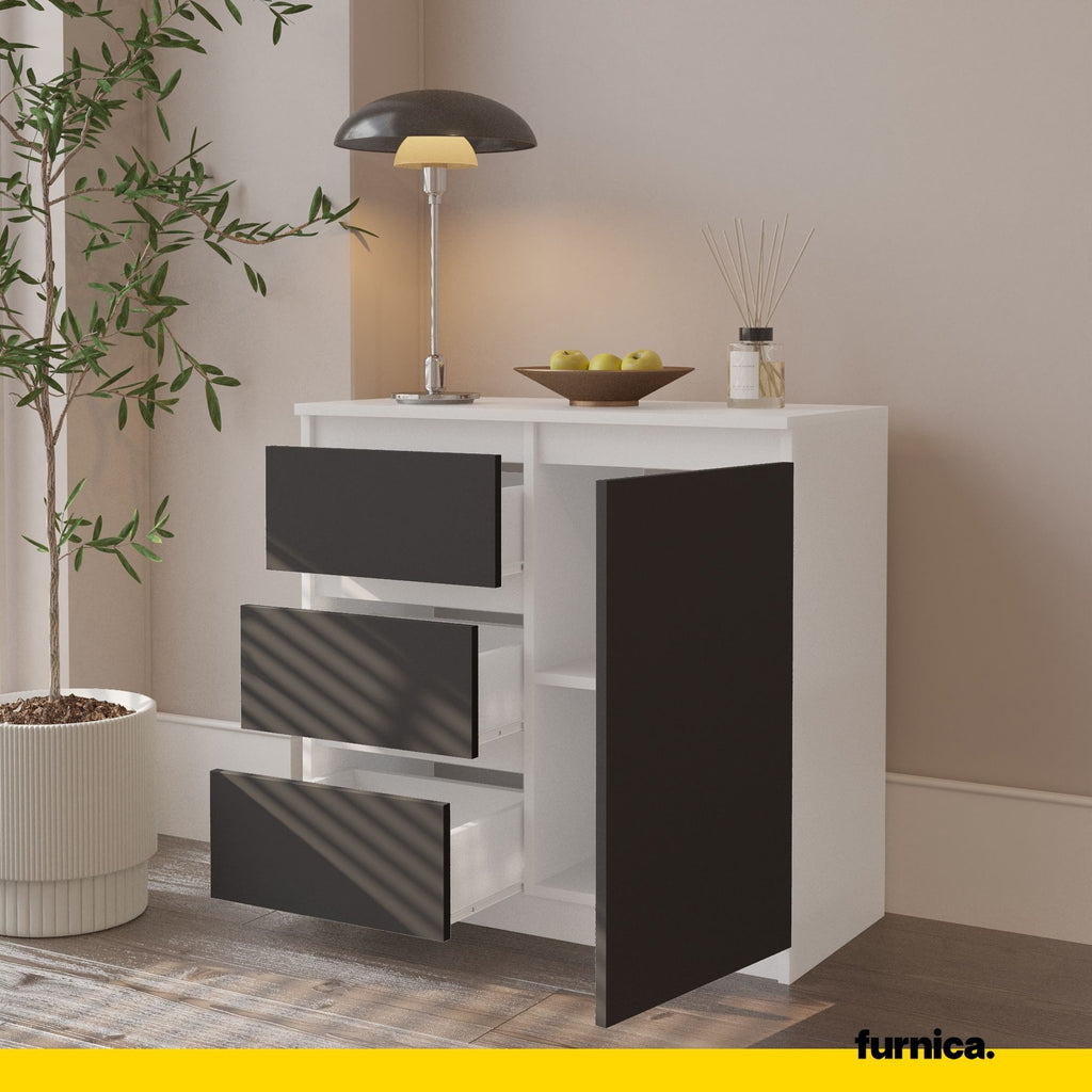 MIKEL - Chest of 3 Drawers and 1 Door - Bedroom Dresser Storage Cabinet Sideboard - White Matt / Anthracite H75cm W80cm D35cm