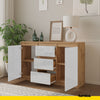 MIKEL - Chest of 3 Drawers and 2 Doors - Bedroom Dresser Storage Cabinet Sideboard - Wotan Oak / White Gloss H75cm W120cm D35cm