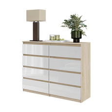 GABRIEL - Chest of 8 Drawers - Bedroom Dresser Storage Cabinet Sideboard - Sonoma Oak / White Gloss H92cm W120cm D33cm