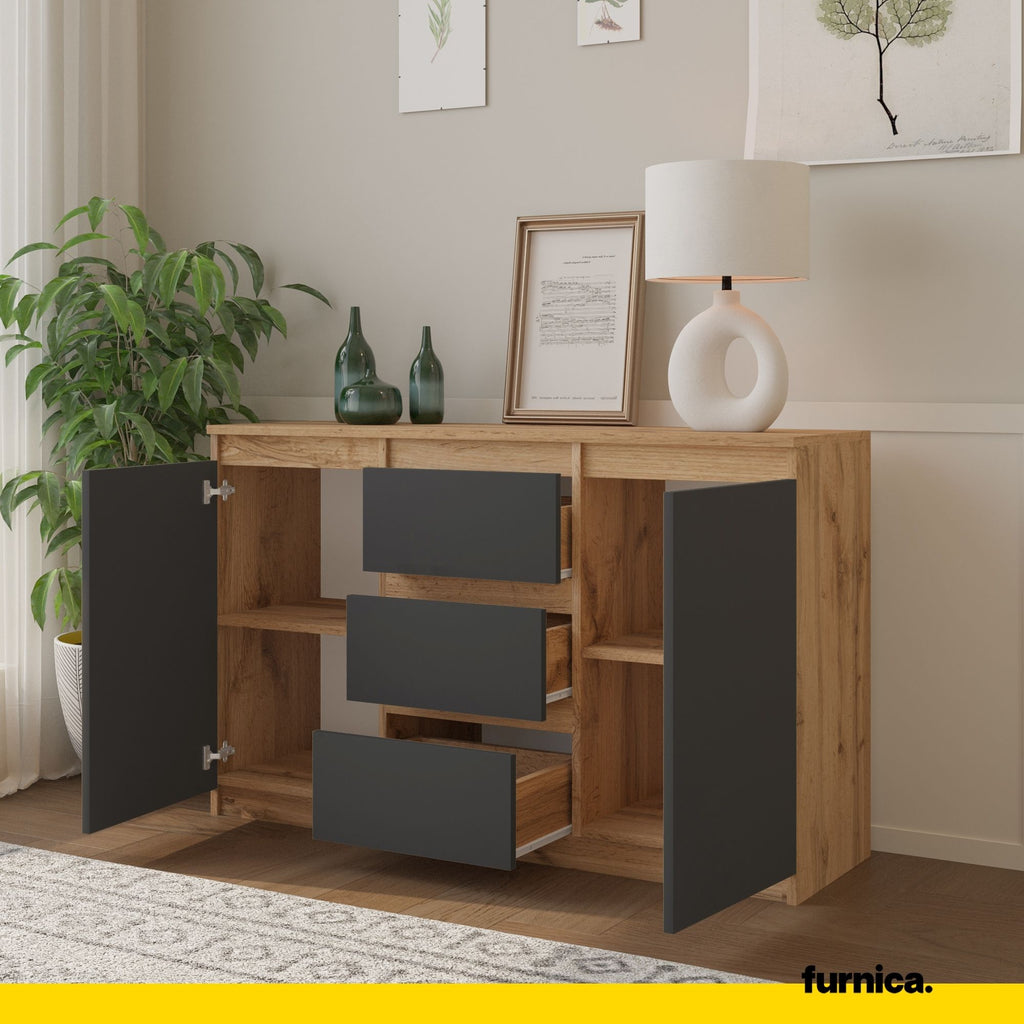 MIKEL - Chest of 3 Drawers and 2 Doors - Bedroom Dresser Storage Cabinet Sideboard - Wotan Oak / Anthracite H75cm W120cm D35cm